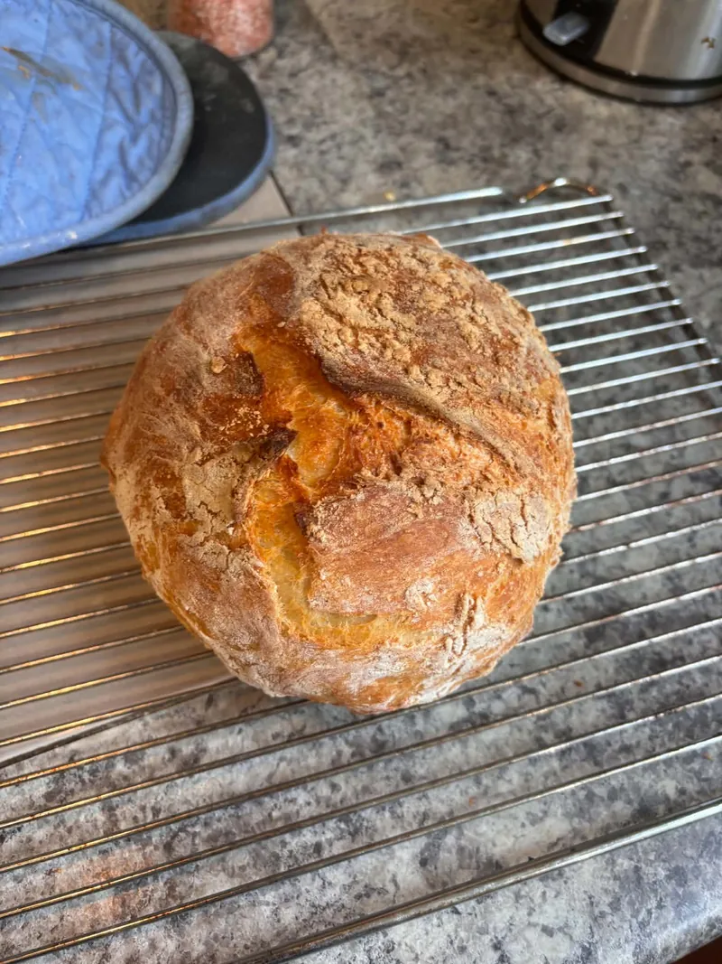 Rustic round sourdough loaf with a wild burst along the score on a cooling rack