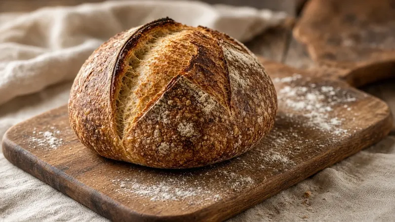 Rustic scored sourdough loaf on a wooden board with linen and a dusting of flour
