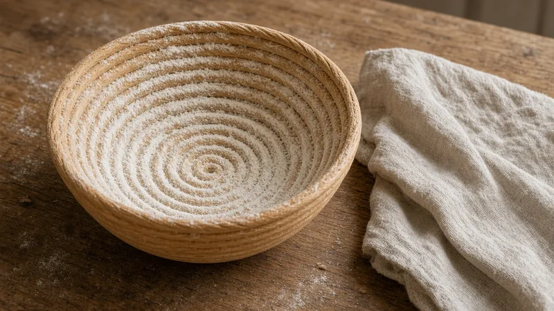 Round cane banneton proofing basket dusted with flour