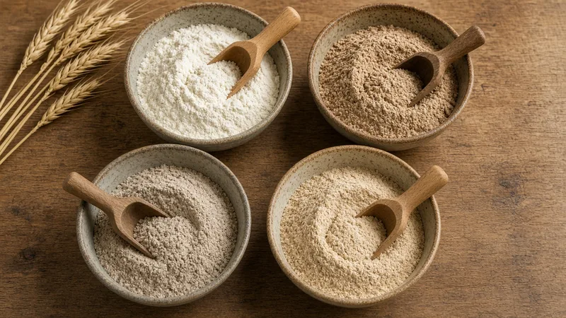 Bowls of different bread flours on a wooden table