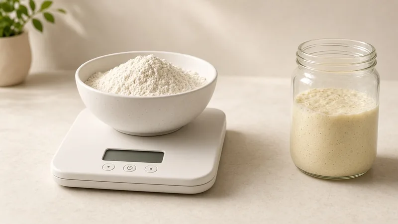 Digital kitchen scale weighing flour for sourdough