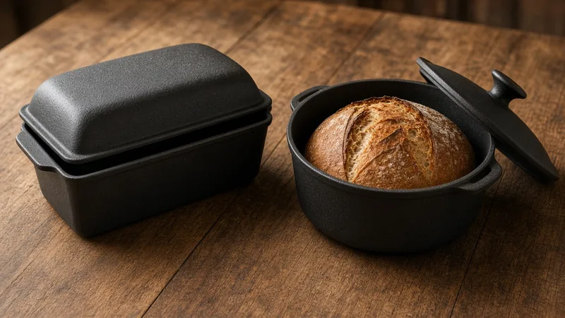 A lidded cast-iron bread pan beside a round cast-iron pot holding a baked sourdough loaf