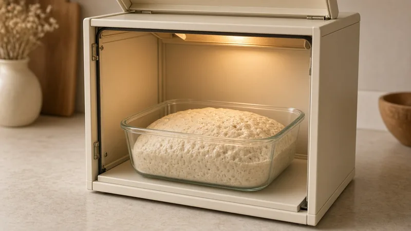 Sourdough dough rising in a bowl inside a warm proofing box