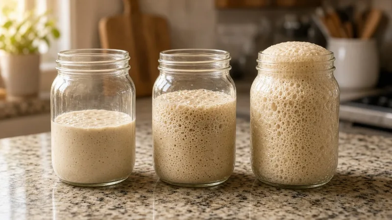 Three jars of sourdough starter showing increasing activity, from flat to bubbly