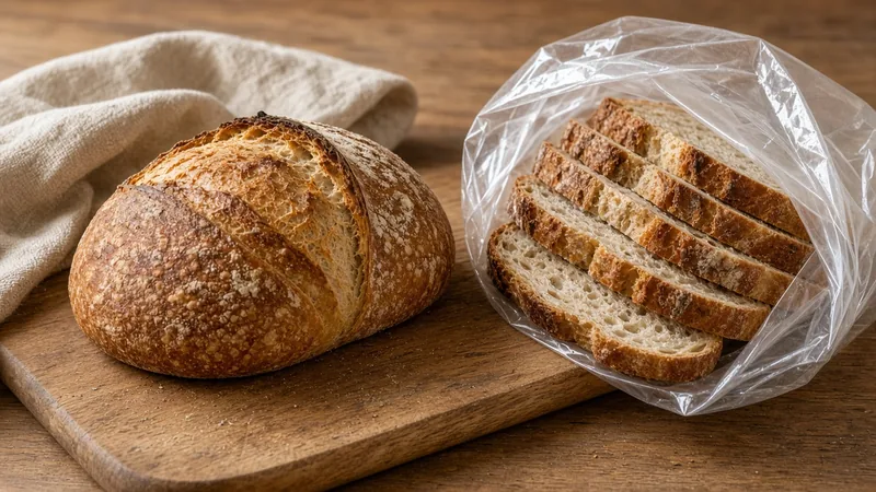 Sourdough loaf on a board with linen, and sliced bread in a clear freezer bag