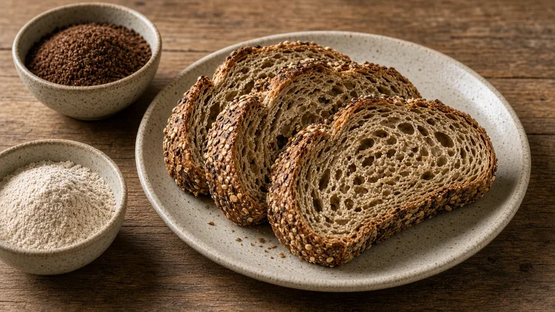 Slices of seeded whole grain sourdough with small bowls of flour