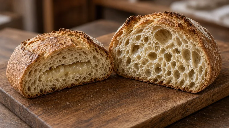 Two halved sourdough loaves: one with a tight, gummy crumb and one with an open crumb