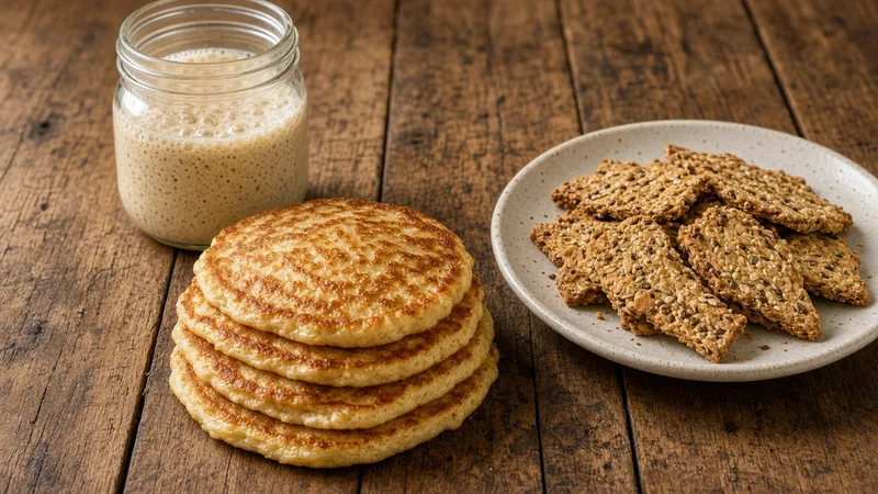 Stack of sourdough discard pancakes beside a jar of starter and seeded crackers