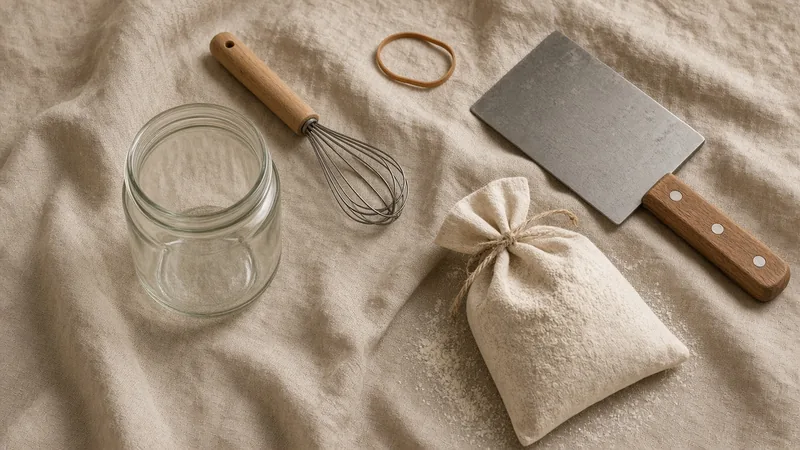 Sourdough starter kit laid out: glass jar, dough scraper and dough whisk