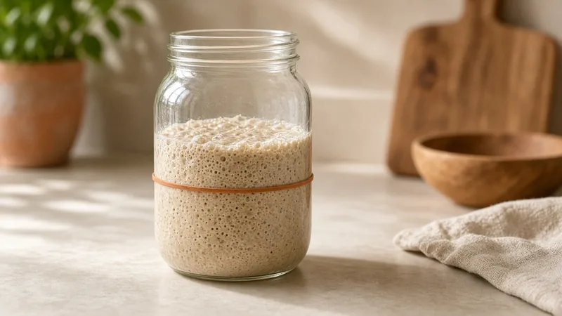Glass jar of sourdough starter with a band marking its starting level