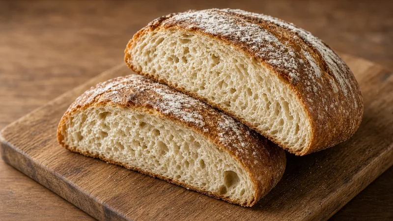 Halved sourdough loaf showing a tight, dense crumb