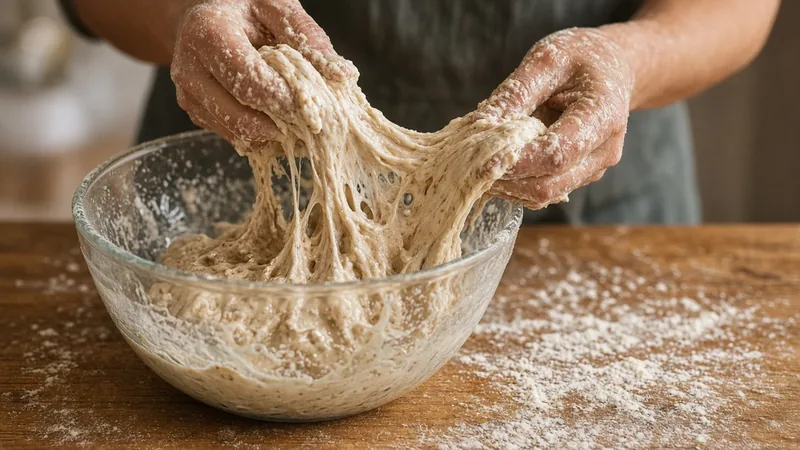 Hands lifting sticky, stretchy sourdough dough from a glass bowl